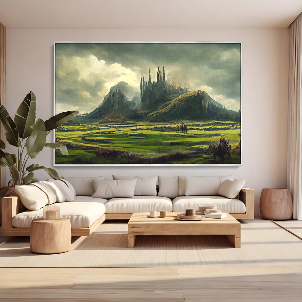 Tablou canvas cu tablou canvas cu cetate medievala si peisaj, in rama de aluminiu argintiu, pe perete intr-un living